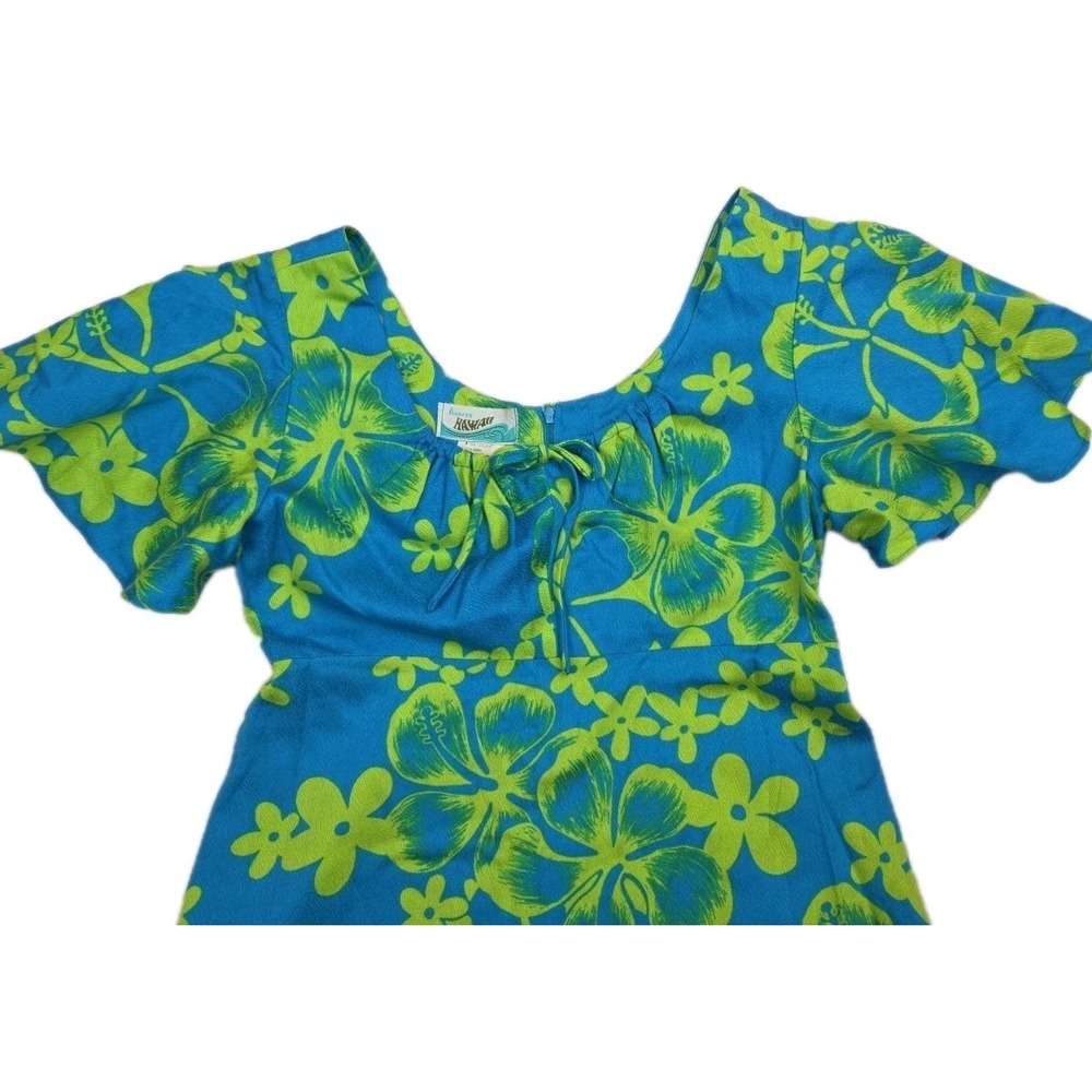 Vtg 1970s Hawaiian Print Maxi Dress Penneys Hawaii Green Blue Acrylic Size‎ XXS